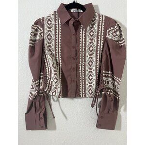 Women’s Brown & Beige Geometric Embroidered Long Sleeve Top